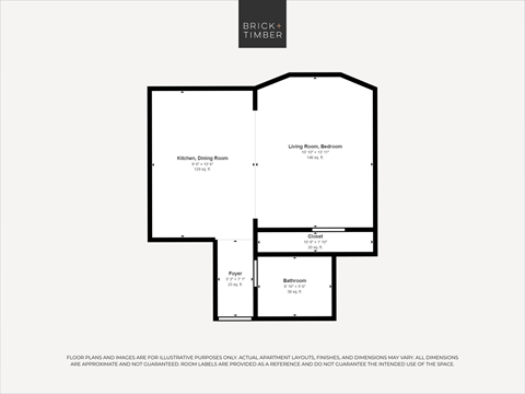 A floor plan for a Brick+Timber property shows a kitchen, dining room, living room, and bedroom.